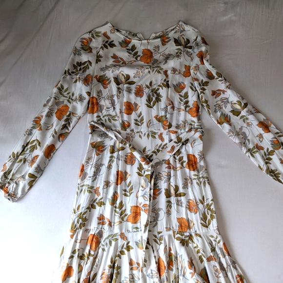 Boho Long Sleeve Floral Print Fitted Dress Flowy Hi Low Hem White & Orange Small - Picture 5 of 7